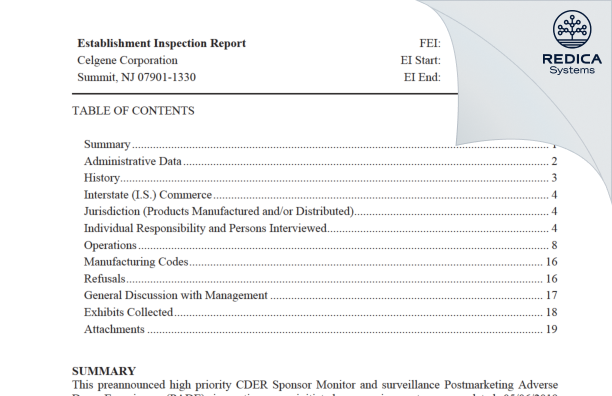 EIR - CELGENE CORPORATION [Jersey / United States of America] - Download PDF - Redica Systems