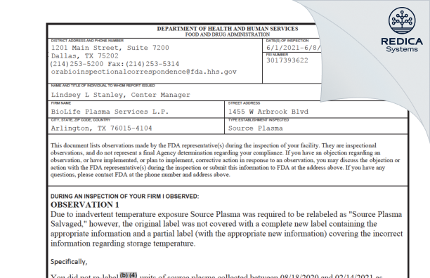 FDA 483 - BioLife Plasma Services L.P. [Arlington / United States of America] - Download PDF - Redica Systems