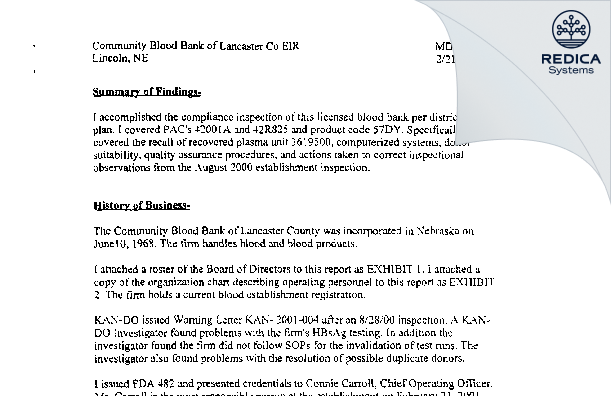 EIR - Innovative Blood Resources d.b.a. Nebraska Community Blood Bank [Lincoln / United States of America] - Download PDF - Redica Systems