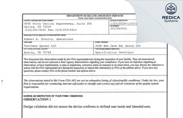 FDA 483 - Pantheon Spinal LLC [Austin / United States of America] - Download PDF - Redica Systems