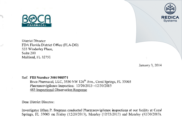 FDA 483 Response - Boca Pharmacal Inc. [Pompano Beach / United States of America] - Download PDF - Redica Systems