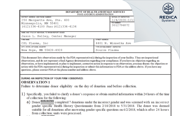 FDA 483 - CSL Plasma Inc. [Minneapolis / United States of America] - Download PDF - Redica Systems