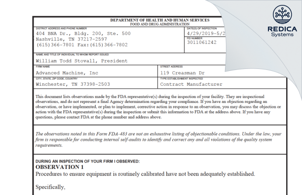 FDA 483 - Advanced Machine, Inc [Winchester / United States of America] - Download PDF - Redica Systems