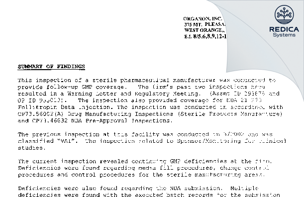 EIR - Organon USA Inc. [West Orange / United States of America] - Download PDF - Redica Systems