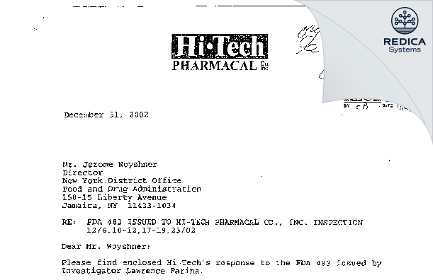FDA 483 Response - Chartwell Pharmaceuticals Amityville, LLC. [New York / United States of America] - Download PDF - Redica Systems