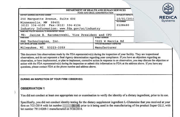 FDA 483 - PAK Technologies, Inc. [Milwaukee / United States of America] - Download PDF - Redica Systems