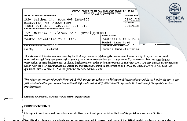 FDA 483 - Boston Scientific Cork, Ltd. [Cork / Ireland] - Download PDF - Redica Systems