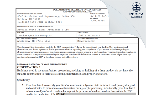 FDA 483 - IsoTherapeutics Group LLC [Angleton / United States of America] - Download PDF - Redica Systems
