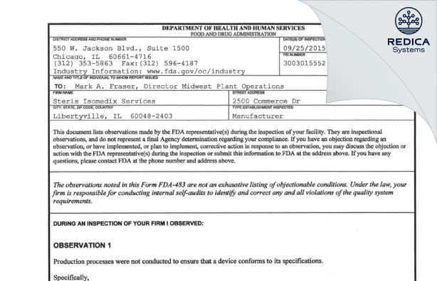 FDA 483 - Isomedix Operations Inc [Libertyville / United States of America] - Download PDF - Redica Systems