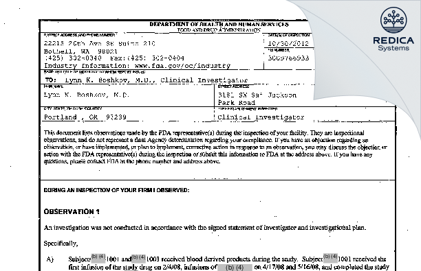 FDA 483 - Lynn K. Boshkov, M.D. [Portland / United States of America] - Download PDF - Redica Systems
