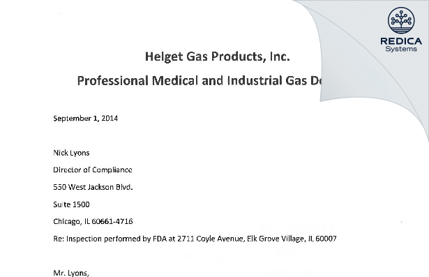 FDA 483 Response - Helget Gas Products, Inc. [Elk Grove Village / United States of America] - Download PDF - Redica Systems