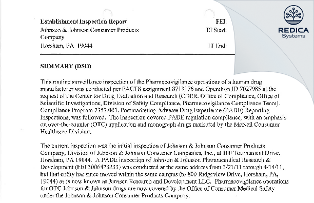 EIR - Johnson & Johnson Consumer Products Company [Horsham / United States of America] - Download PDF - Redica Systems
