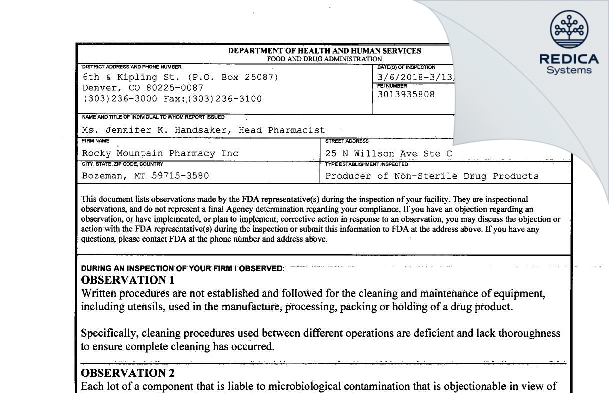 FDA 483 - Rocky Mountain Apothecary DBA Rocky Mountain Pharmacy [Bozeman / United States of America] - Download PDF - Redica Systems