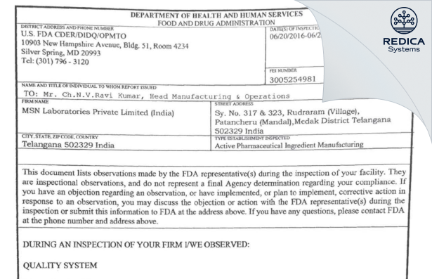 FDA 483 - MSN Laboratories Private Limited [India / India] - Download PDF - Redica Systems