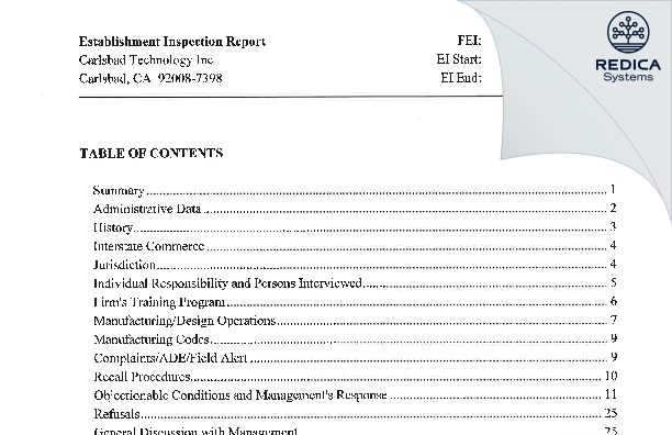 EIR - Carlsbad Technology, Inc. [Carlsbad / United States of America] - Download PDF - Redica Systems