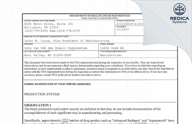 FDA 483 - NOXELL CORPORATION [Hunt Valley Maryland / United States of America] - Download PDF - Redica Systems