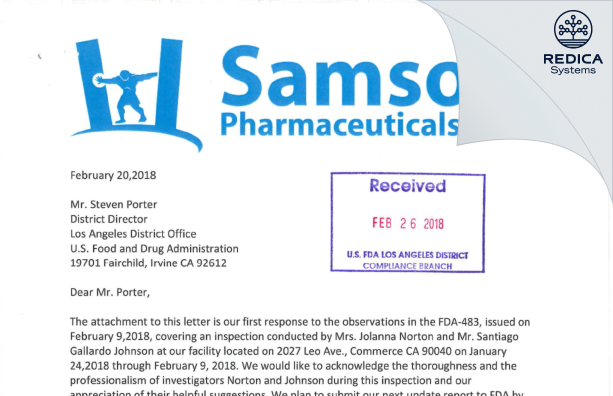 FDA 483 Response - Samson Pharmaceuticals, Inc. [California / United States of America] - Download PDF - Redica Systems