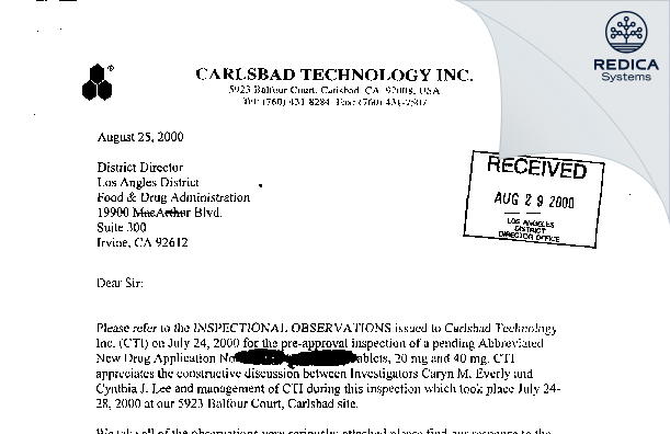 FDA 483 Response - Carlsbad Technology, Inc. [Carlsbad / United States of America] - Download PDF - Redica Systems