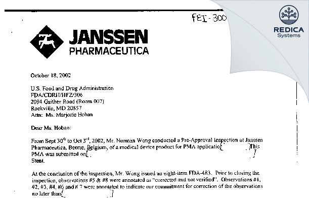 FDA 483 Response - Janssen Pharmaceutica NV [Beerse / Belgium] - Download PDF - Redica Systems