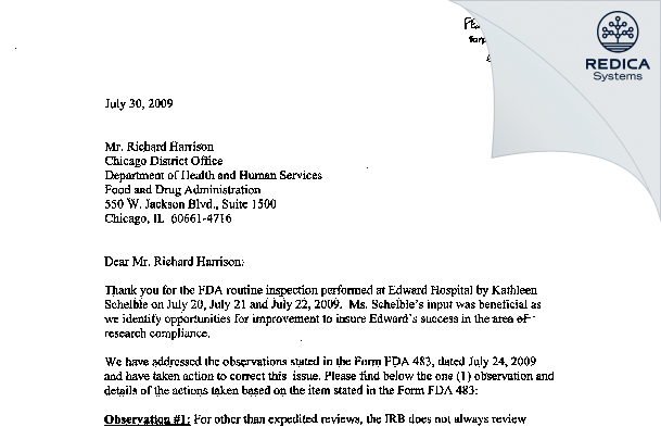 FDA 483 Response - Edward Hospital IRB [Naperville / United States of America] - Download PDF - Redica Systems