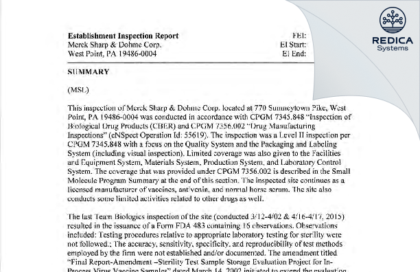 EIR - Merck Sharp & Dohme LLC [West Point / United States of America] - Download PDF - Redica Systems