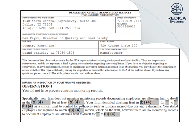 FDA 483 - Country Fresh, LLC [Grand Prairie / United States of America] - Download PDF - Redica Systems