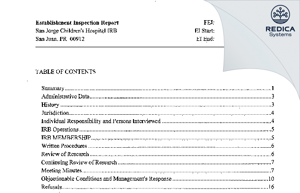 EIR - San Jorge Children's Hospital IRB [San Juan / United States of America] - Download PDF - Redica Systems