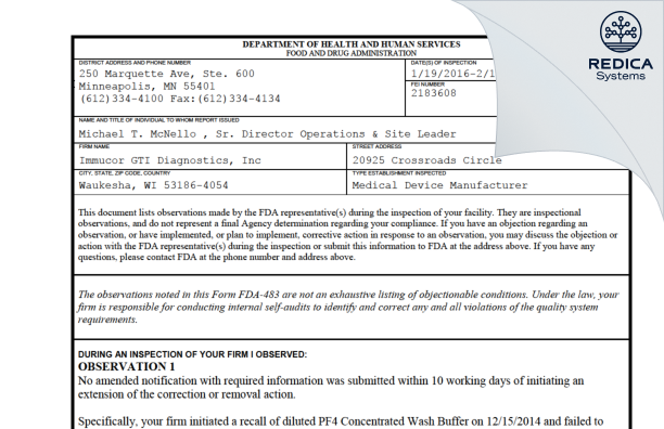 FDA 483 - Immucor GTI Diagnostics, Inc [Waukesha / United States of America] - Download PDF - Redica Systems