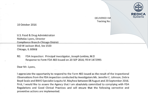 FDA 483 Response - Joseph R. Lentino, M.D. [Chicago / United States of America] - Download PDF - Redica Systems