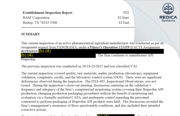 EIR - BASF Corporation [Bishop / United States of America] - Download PDF - Redica Systems