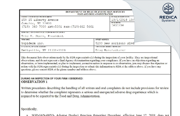 FDA 483 - Topiderm, Inc. [North Amityville New York / United States of America] - Download PDF - Redica Systems