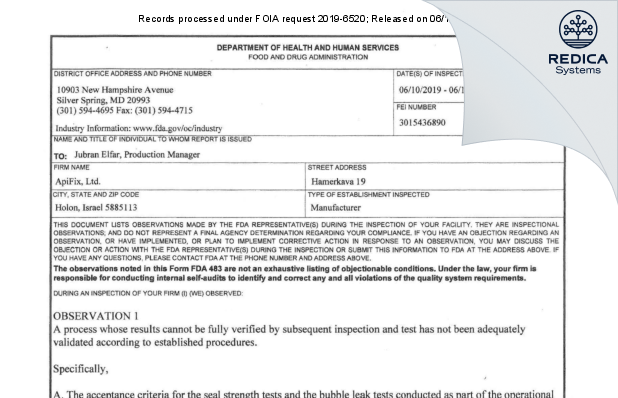 FDA 483 - ApiFix, Ltd. [Holon / Israel] - Download PDF - Redica Systems