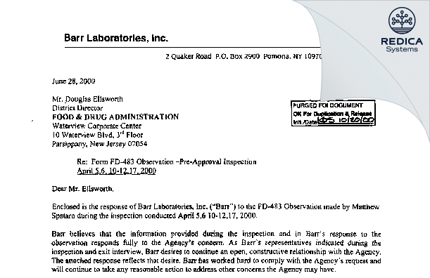 FDA 483 Response - Barr Laboratories, Inc. [Northvale / United States of America] - Download PDF - Redica Systems