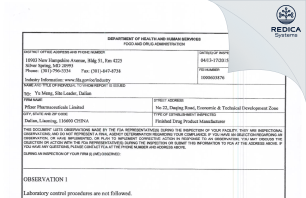 FDA 483 - Pfizer Pharmaceuticlas Ltd [Dalian / China] - Download PDF - Redica Systems