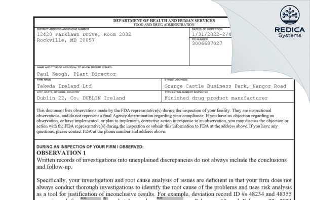 FDA 483 - Takeda Ireland Ltd. [Xr57 / Ireland] - Download PDF - Redica Systems