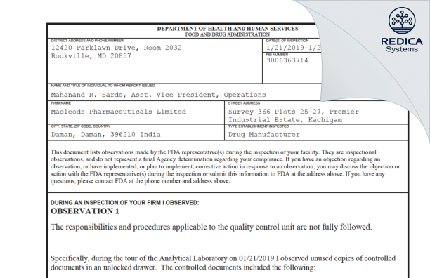 FDA 483 - Macleods Pharmaceuticals Limited [Daman / India] - Download PDF - Redica Systems