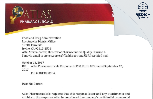 FDA 483 Response - Atlas Pharmaceuticals, LLC [Phoenix / United States of America] - Download PDF - Redica Systems