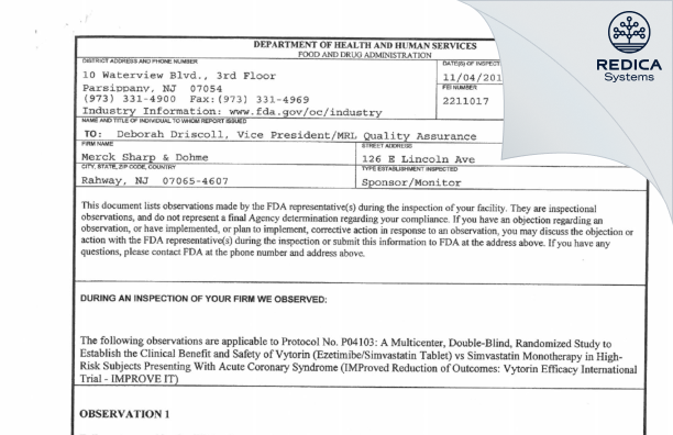 FDA 483 - Merck Sharp & Dohme LLC [Jersey / United States of America] - Download PDF - Redica Systems