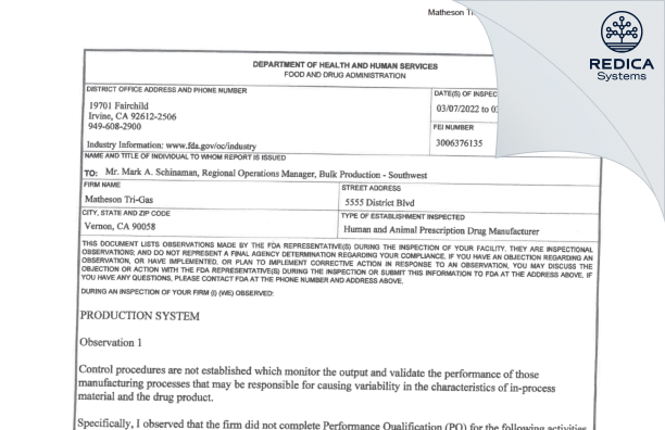 FDA 483 - Matheson Tri-Gas, Inc. [Vernon / United States of America] - Download PDF - Redica Systems