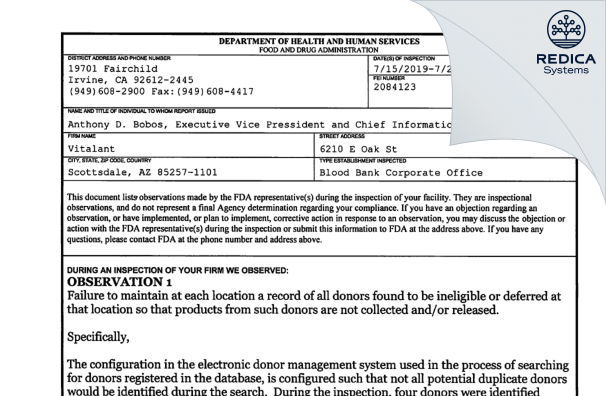 FDA 483 - Vitalant [Scottsdale / United States of America] - Download PDF - Redica Systems