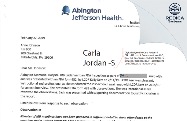 FDA 483 Response - Thomas Jefferson University IRB [Philadelphia / United States of America] - Download PDF - Redica Systems
