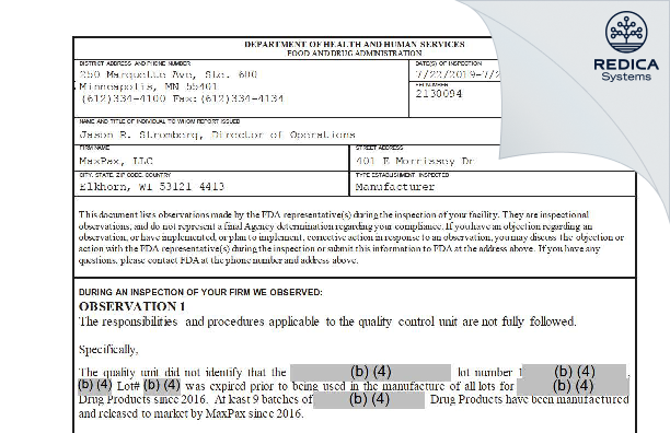 FDA 483 - Maxpax, LLC [Elkhorn / United States of America] - Download PDF - Redica Systems