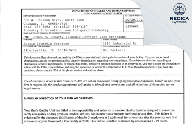 FDA 483 - Isomedix Operations Inc [Libertyville / United States of America] - Download PDF - Redica Systems