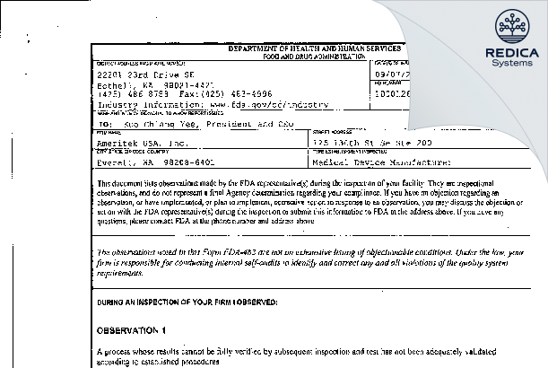 FDA 483 - Ameritek USA, Inc. [Everett / United States of America] - Download PDF - Redica Systems