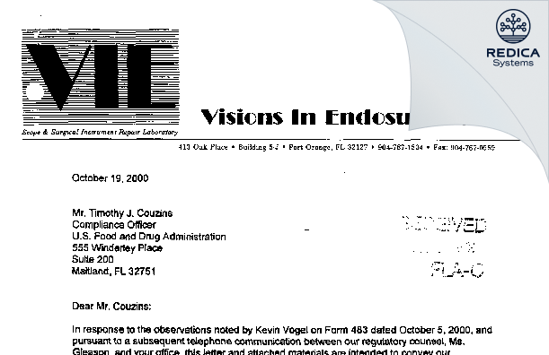 FDA 483 Response - Visions In Endosurgery Inc. [Port Orange / United States of America] - Download PDF - Redica Systems