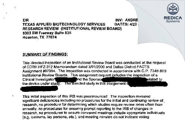 EIR - Texas Applied Biotechnology Research Review Committee [Houston / United States of America] - Download PDF - Redica Systems