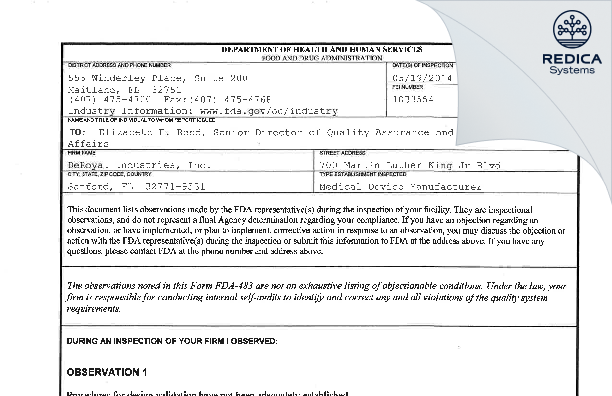 FDA 483 - DeRoyal Industries, Inc. [Sanford / United States of America] - Download PDF - Redica Systems
