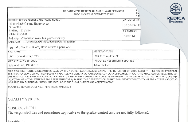 FDA 483 - DPT Laboratories, Ltd. [San Antonio Texas / United States of America] - Download PDF - Redica Systems