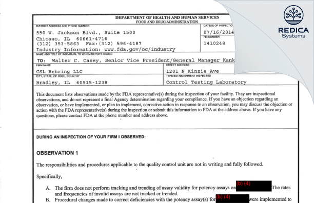 FDA 483 - CSL Behring L.L.C. [Bradley / United States of America] - Download PDF - Redica Systems