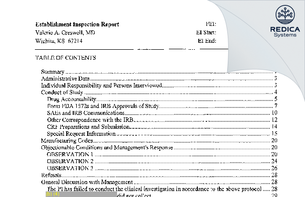 EIR - Valerie A. Creswell, MD [Wichita / United States of America] - Download PDF - Redica Systems